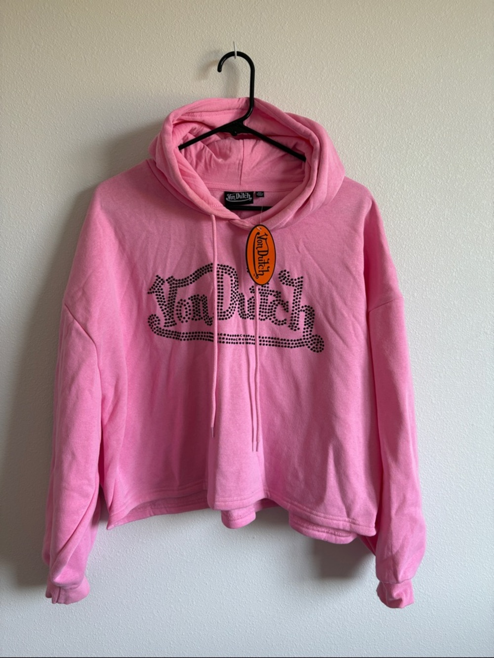 Von Dutch Hot Pink Logo Cropped Hoodie with Rhinestones